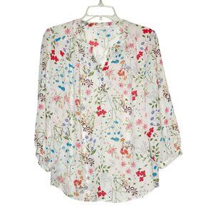 Violet + Claire Tunic Blouse Multicolor Floral 3/4 Sleeves V-Neck Placket Size S
